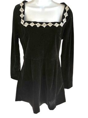 Black Velvet Square Neck Dress with Crystal Flower Trim